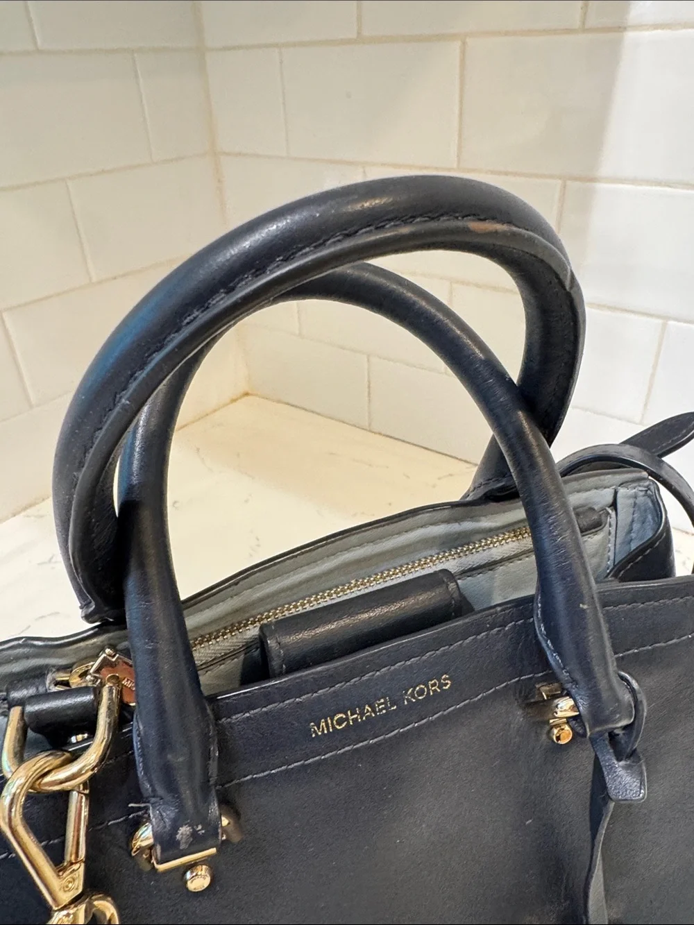 Michael Kors Navy Leather Satchel with Gold Hardware